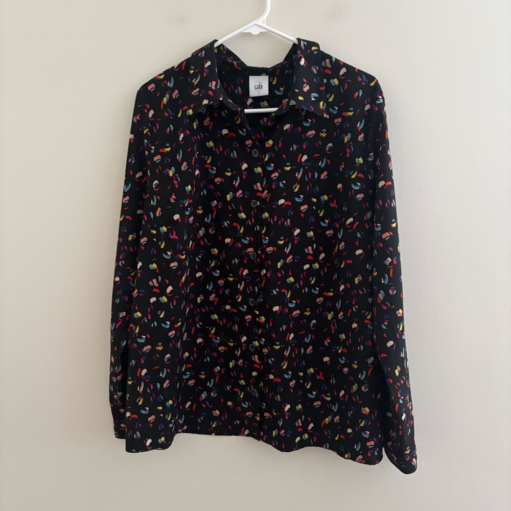 CAbi Black Multicolor Patterned Blouse Womens Large Button up pretty lightweight